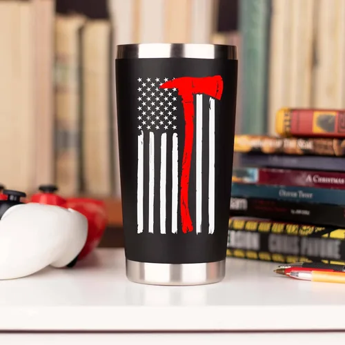 Vista 5 de Regalos de bomberos para hombres, vaso de viaje de acero inoxidable con tapa para taza de café, diseño de bandera de línea roja fina para bombero