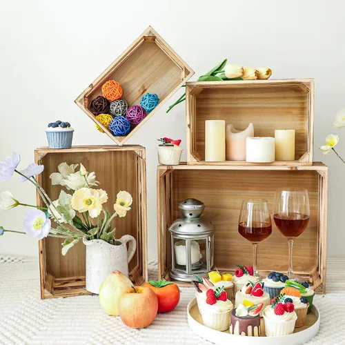 Vista 6 de Cajas grandes decorativas de almacenamiento de madera chamuscada, conjunto de 4 cajas de madera anidadas para exhibición rústica, cajas
