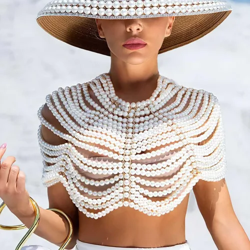 Vista 3 de Pearl Body Chain Bra Necklace Pearl Shawl Top Chain Jewelry Fashion Shoulder Body Jewelry Accessories for Women