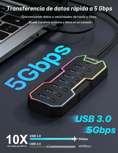 Vista 2 de ZIUMIER Hub USB 3.0, expansor USB de 7 puertos con tira LED RGB, concentrador USB para laptop, interruptores LED individuales de encendido/apagado