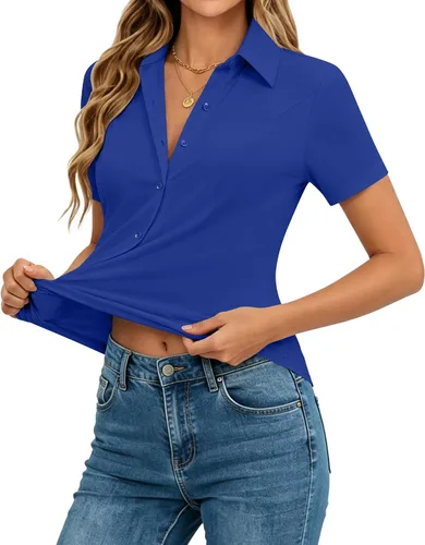 Vista 8 de siliteelon Camisas de manga corta con botones para mujer, camisas de vestir elásticas en 4 direcciones, blusa de trabajo ajustada
