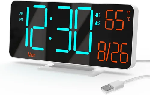 Vista 9 de KOSUMOSU Relojes despertadores para dormitorios, 6.7 pulgadas, pequeño reloj digital negro, LED, reloj despertador de escritorio con atenuación