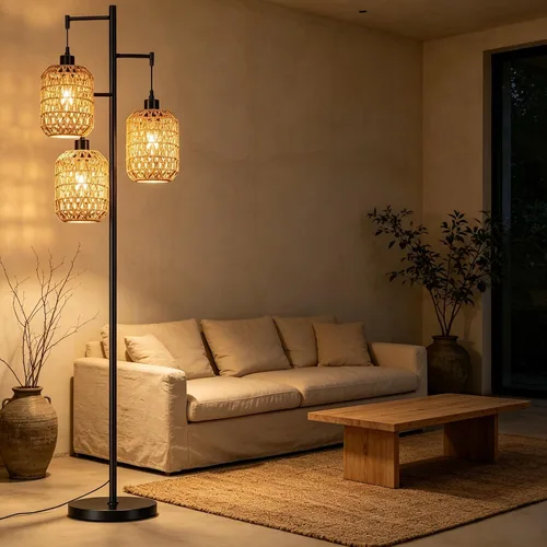 Vista 9 de QIYIZM - Lámpara de pie con diseño de árbol de 3 bombillas; alta, rústica, estilo rural, industrial y boho, pantalla de mimbre y bambú; para sala