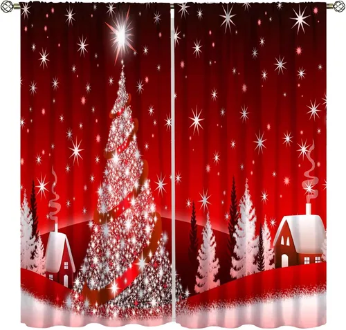 Vista 14 de Cortinas de Navidad lindas de invierno, vacaciones, regalos de Navidad, copos de nieve, elfo, sala de estar, cortinas de ventana de 42 x 45