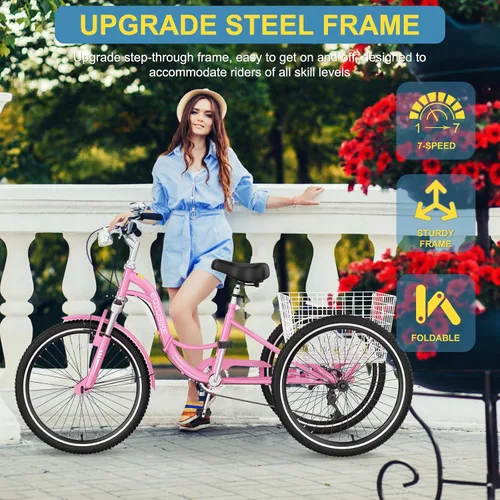 Vista 2 de NAIZEA Triciclo plegable para adultos, 7 velocidades, 20/24/26 pulgadas, triciclo plegable para adultos, bicicleta de 3 ruedas, triciclo plegable