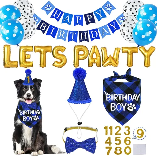 Vista 8 de STMK Decoraciones de cumpleaños para perros, sombrero de cumpleaños de perro de varios tamaños con números, bandana, corbatín, bandera, bandera