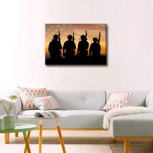 Vista 4 de TUMOVO Arte abstracto para pared, imágenes impresas en lienzo con la bandera estadounidense, arte moderno de soldados militares, arte de pared