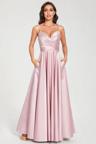 Vista 5 de Vestidos de fiesta con cuello en V para mujer, vestido largo de fiesta de satén fruncido, vestido de noche con bolsillos CM139