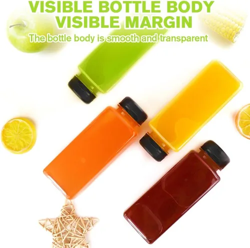 Vista 6 de Botellas de jugo de plástico con tapas 12 piezas - 355 ml Botellas reutilizables con tapas a prueba de manipulación negras - Botellas transparentes