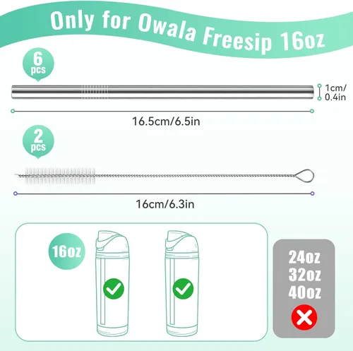 Vista 2 de 6 popotes de metal de repuesto para botella de agua Owala Freesip de 16 onzas para niños, popotes reutilizables de acero inoxidable con 2 cepillos