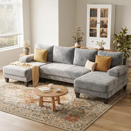 Vista 10 de Sofás seccionales en forma de U para sala de estar, sofá de felpilla con diván doble, sofá seccional gris oscuro de 112 pulgadas para apartamento