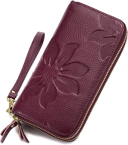 Vista 5 de Cartera de cuero para mujer con bloqueo RFID, bolsillo para teléfono inteligente con doble cremallera,Ranuras para efectivo de gran capacidad