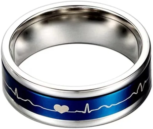 Vista 3 de Romántico juego pareja anillos titanio acero boda bandas negro azul cómodo ajuste giratorio ECG Heartbeat su y su promesa regalos especiales