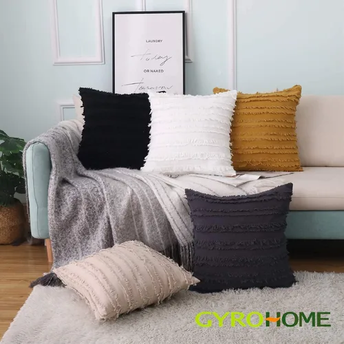 Vista 5 de GYROHOME Paquete de 2 fundas de almohada de algodón y lino, fundas de cojín decorativas, diseño de borlas, fundas de cojín modernas con flecos