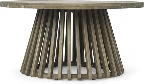 Vista 5 de Merax - Mesa de café redonda de madera de acacia para patio al aire libre, para jardín, balcón, acabado gris