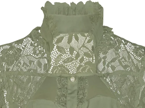 Vista 5 de Blusas elegantes de encaje de manga corta para mujer, cuello alto, color liso