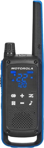Vista 2 de Motorola Solutions, Talkabout T802, radio bidireccional portátil FRS, paquete de 2 walkie talkies, azul/negro, 22 canales, 1 bandeja de carga dual