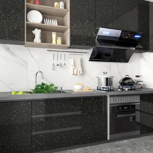 Vista 5 de CHIHUT Papel adhesivo de granito negro dorado para encimeras de cocina, papel tapiz de mármol impermeable, autoadhesivo de granito para encimera