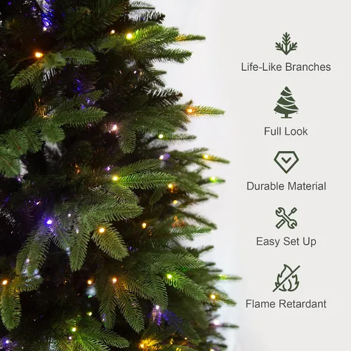Vista 6 de Árbol de Navidad preiluminado de 7.5 pies con luces, árbol de Navidad artificial de abeto con 350 LED multicolor, ramas con bisagras de fácil