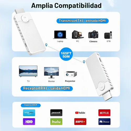 Vista 2 de HDMI inalámbrico para transmisión, kit de transmisor y receptor, baja latencia 1080P Full HD salida de video/audio, rango de 165 pies/50M con doble
