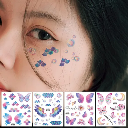 Vista 4 de 14 hojas de tatuajes temporales de mariposa con purpurina para decoración de maquillaje de ojos, rostros, calcomanías de tatuaje de arte corporal