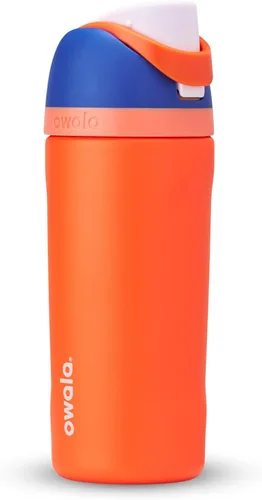 Vista 2 de Owala Kids FreeSip - Botellas de agua aisladas de acero inoxidable de 16 onzas con popote, sin BPA, cítricos azules y esfera celeste