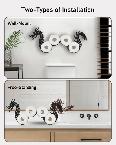 Vista 4 de Soporte para rollo de papel higiénico de dragón, montado en la pared, color negro mate, almacenamiento y organizador para 5 rollos adicionales