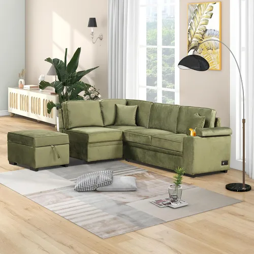 Vista 18 de Sofá cama modular de 104 pulgadas con diván de almacenamiento y taburetes para sala de estar, moderno sofá cama extraíble de 3 asientos