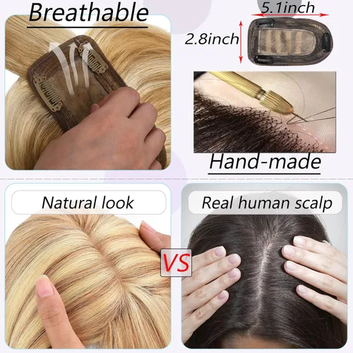 Vista 5 de Toppers para el cabello para mujeres con cabello delgado, base de seda real, clip en toppers con flequillo para pérdida de cabello, cabello gris, 10