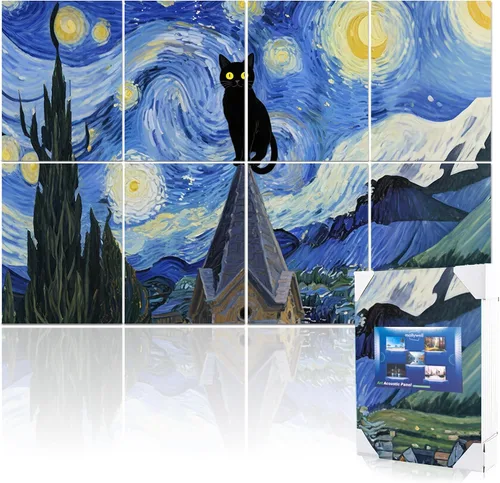 Vista 18 de Paneles acústicos artísticos de 48 x 32 x 0.4 pulgadas, paraguas, gato y mar, absorción de sonido, decoración de pared autoadhesiva a prueba