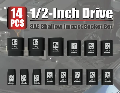 Vista 2 de EPAuto Juego de dados de impacto SAE poco profundos de 1/2 pulgada, CRV, 6 puntos, 14 dados