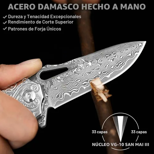 Vista 2 de NedFoss TIGERSHARK Cuchillo de bolsillo de Damasco para hombre, cuchillo plegable de Damasco VG10 forjado a mano de 2.75 pulgadas con mango