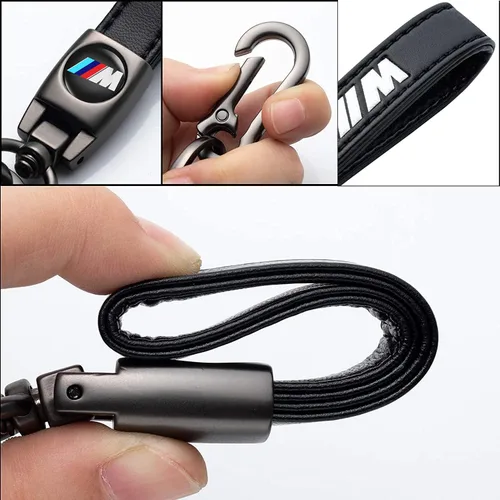Vista 2 de Longzheyu Llavero multifuncional para automóvil y hogar, de cuero genuino negro, llavero y llavero de metal para hombres y mujeres, con giro