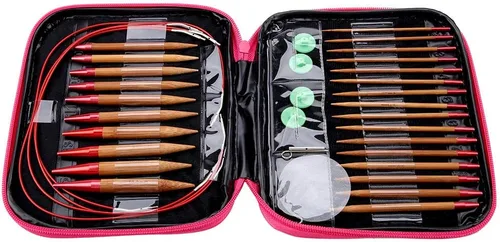Vista 8 de Juego de agujas de tejer intercambiables, aguja de ganchillo de bambú carbonizado, juego de anillos circulares de aluminio con bolsa