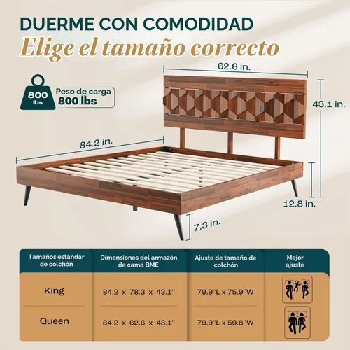 Vista 2 de Bme Georgina - Marco de cama tamaño Queen con cabecero y diseño geométrico artesanal distintivo, diseño con patente estadounidense pendiente, madera