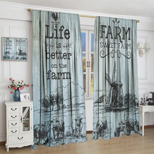 Vista 4 de Cortinas rústicas para ventana, molino de viento de granja, vaca, decoración del hogar, cortinas con estampado de animales de campo occidental