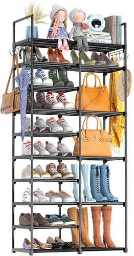 Vista 8 de Kottwca - Zapatero de 7 niveles de metal para entrada y armario, con capacidad para 24-28 pares, estante apilable para zapatos y botas con ganchos