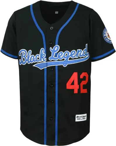 Vista 2 de Dabuliu Camiseta de béisbol retro Black Legend 42 para hombre, parches bordados, camisetas hipster hip hop cosidas