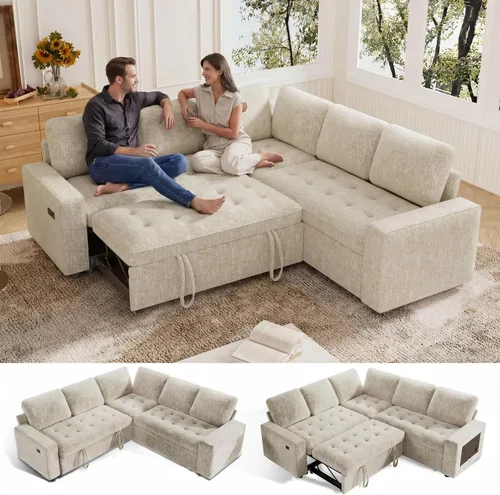 Vista 10 de Vipbear Sofá cama modular modular con cama extraíble, sofá modular en forma de L de felpilla con puertos USB/respaldo ajustable/asientos