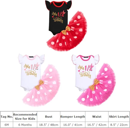 Vista 7 de IMEKIS Conjunto de mameluco para bebé niña de primer y tercer cumpleaños + falda tutú de lunares + diadema para niños pequeños sesión de fotos