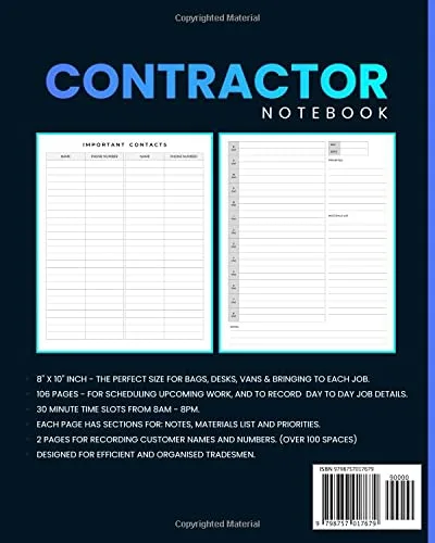 Vista 2 de Contractor Notebook Record Jobs, Customer Details, Materials, Notes Daily Planner With 30 Minute Timeslots. (8AM-8PM)