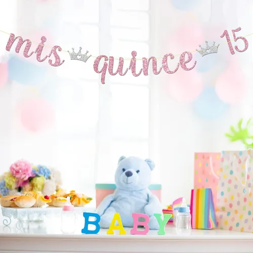 Vista 8 de Maicaiffe Cartel Mis Quince 15 – Decoración para fiesta de cumpleaños de 15 años para niña – Quince años – Decoración de fiesta de feliz cumpleaños