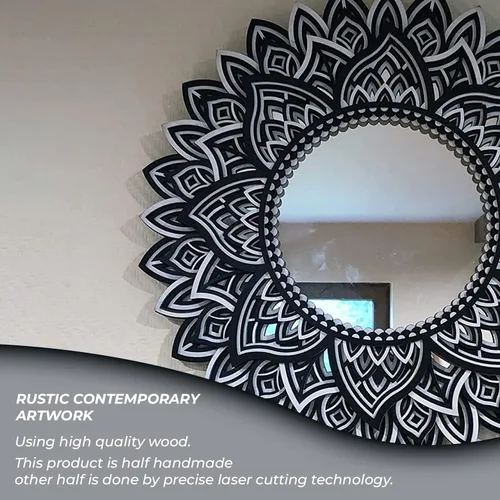 Vista 2 de BHDecor Espejo para decoración de pared para el hogar, marco tallado con láser de varias capas, elegante mandala de madera para colgar, paneles