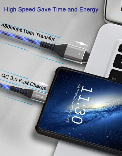 Vista 5 de Cable LED USB C a C de 6 pies 60 W 3A de carga rápida para iPhone15/15Pro/15Plus/15ProMax/iPad Pro2022/Air, Samsung S23 (azul)