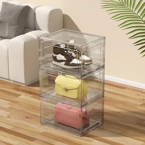Vista 7 de 12 cajas apilables de plástico transparente para zapatillas de deporte Cajas de zapatos de acrílico, vitrina para tenis que se adapta hasta