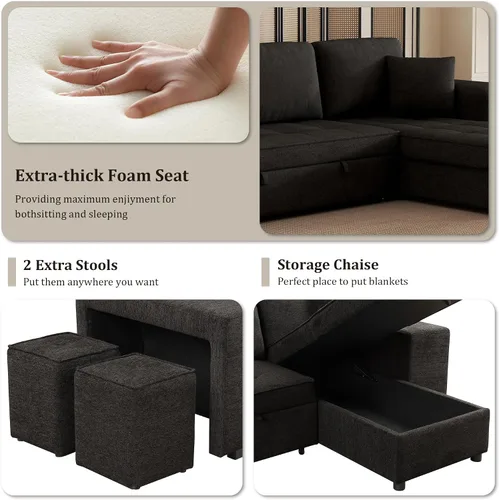 Vista 6 de Sofá modular en forma de L de 104 pulgadas con sofá cama extraíble, diván de almacenamiento y 2 almohadas, 2 taburetes, sofá reversible de felpilla