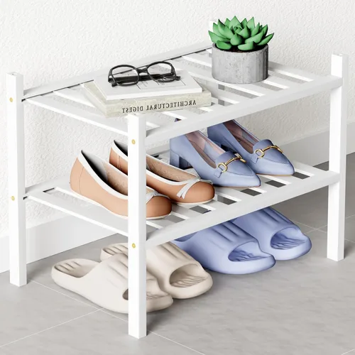 Vista 87 de Smiry Zapatero de bambú para armario, organizador de zapatos de madera de 3 niveles, estante apilable de almacenamiento de zapatos de madera