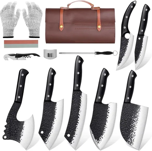Vista 9 de Juego de cuchillos de chef japonés Golden Bird con bolsa enrollable, juego de cuchillos de carnicero forjado a mano para corte de carne, cuchillos