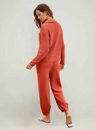 Vista 6 de softome Conjunto de 2 piezas para mujer, suéter de manga larga, con cremallera de 14, suéter de punto, pantalones casuales, conjunto de ropa