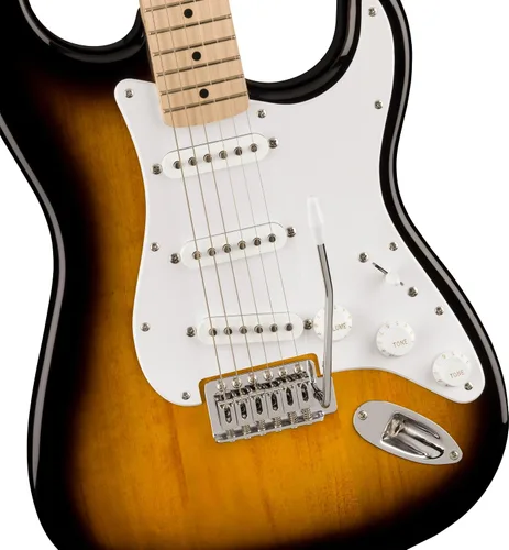 Vista 3 de Guitarra eléctrica Squire Sonic Stratocaster, Sunburst de 2 colores, diapasón de madera de arce, protector blanco